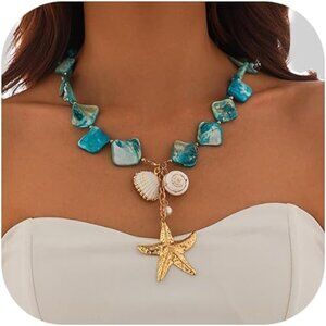 Starfish Shell Beach Pearl Blue Gold Necklace perfect for summer!